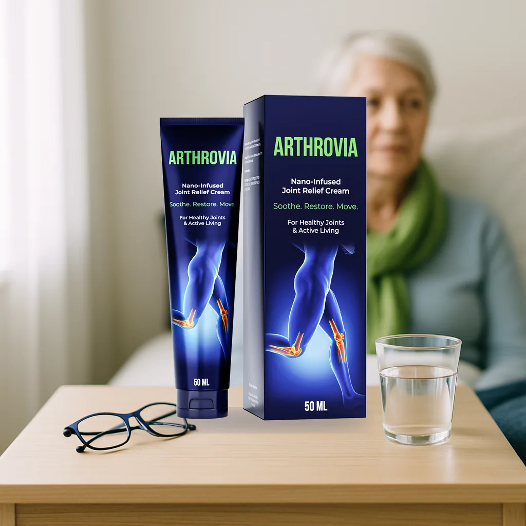 Tube und Karton von Arthrovia auf dem Nachttisch neben der Brille
