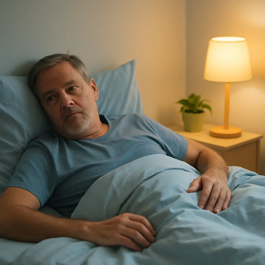 Uomo di sessant’anni sveglio di notte con una mano sull’anca