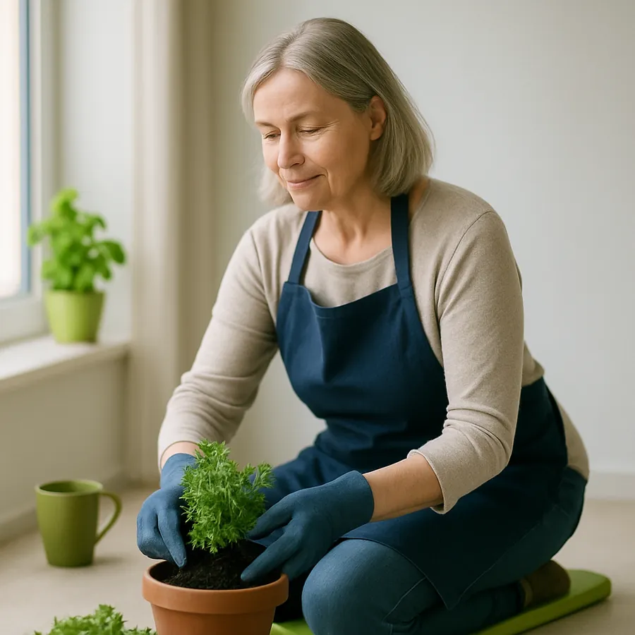 Donna di sessant’anni inginocchiata nel giardino mentre pianta erbe aromatiche