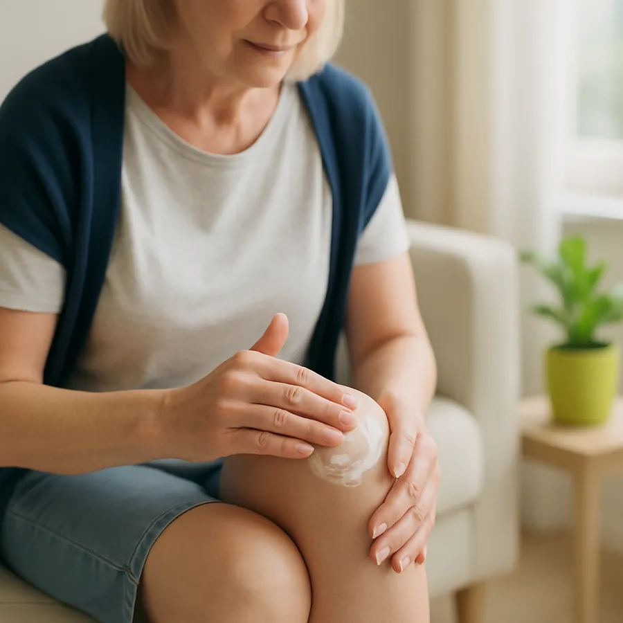 Mãos a massajar o creme Arthrovia no joelho com movimentos circulares